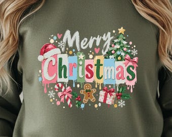 Pastel Merry Christmas Sweatshirt, Dripping Paint Holiday Tee, Gingerbread Man Design