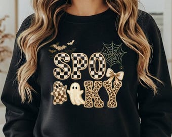 Spooky Ghost Shirt Coquette Halloween Tee Checkered Leopard Spooky Season Shirt Fall Gift cute spooky shirte cute spooky halloween shirting