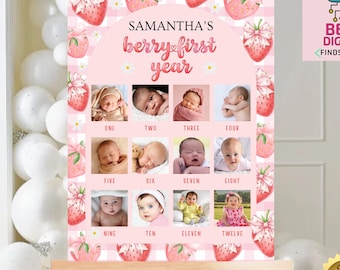 Berry First Birthday Milestone Poster, Editable Strawberry 1st Birthday Party Sign, Printable First Birthday Poster, Milestone Board, b1