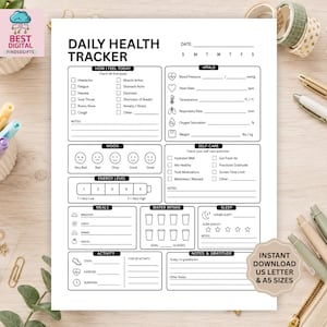 May include: A white Daily Health Tracker printable sheet featuring sections for vitals, mood, energy level, meals, water intake, sleep, activity, and gratitude. The document includes checkboxes, icons, and lines for recording daily health data.
