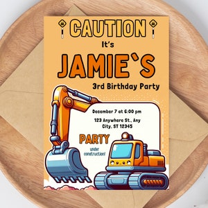 Construction Birthday Invitation, EDITABLE Dump Trucks Party Invite Template, Boy Outdoor Birthday, Excavator, Instant Download, Excavator