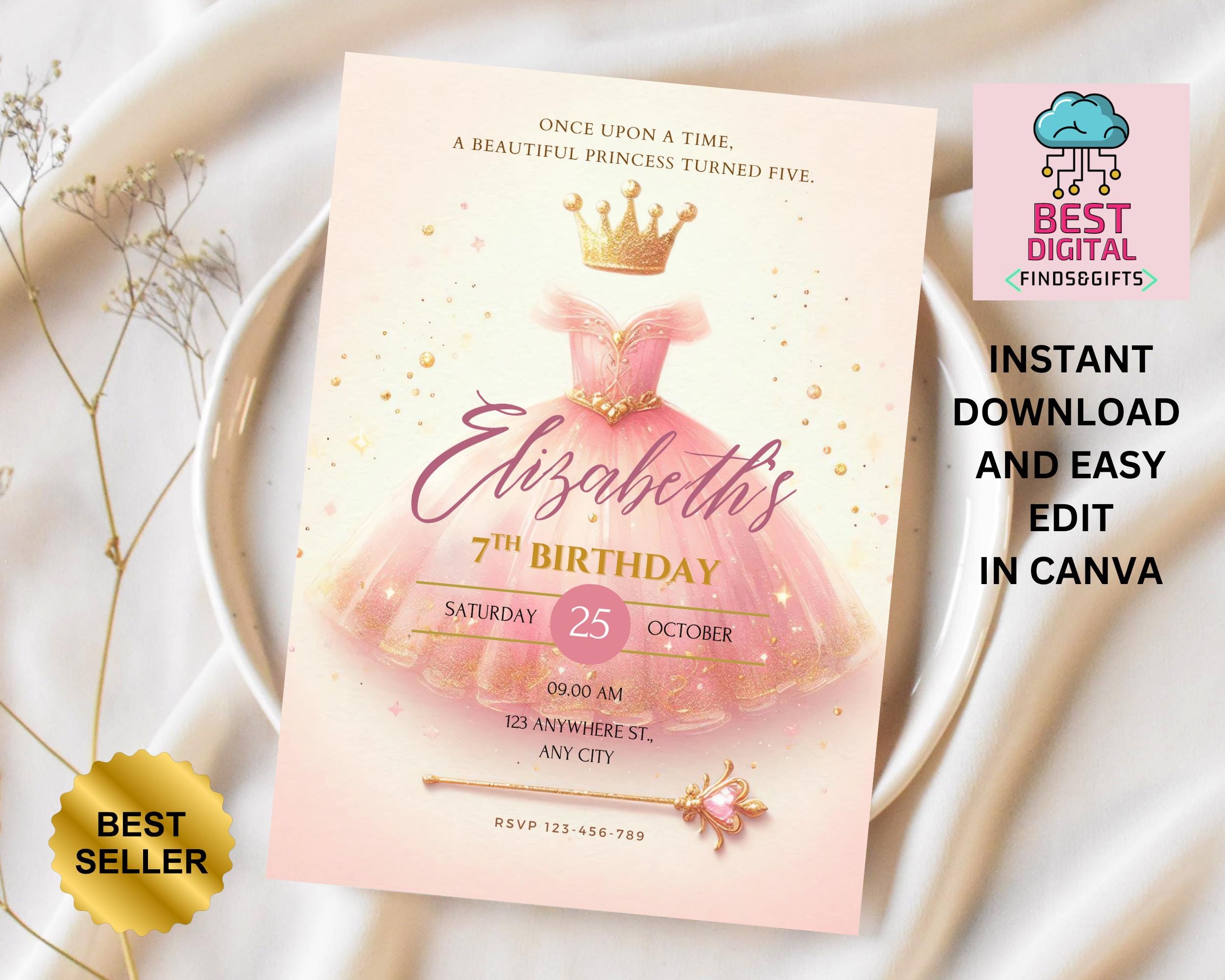 Princess Birthday Invite, Once upon a time Fairytale Party Invitation Printable Pink Castle Crown Tiara Decor girl, Any Age Birthday Invite,