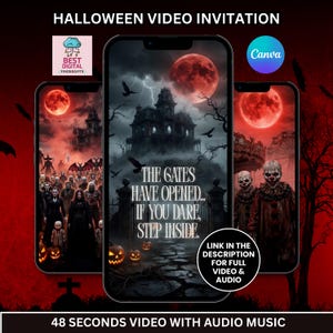 Może przedstawiać: Trzy smartfony wyświetlają zaproszenie wideo na Halloween z mrocznym, upiornym motywem przedstawiającym nawiedzony dom, czerwony księżyc i tekst: THE GATES HAVE OPENED... IF YOU DARE, STEP INSIDE. Okrągła odznaka wskazuje link do wideo i dźwięku.