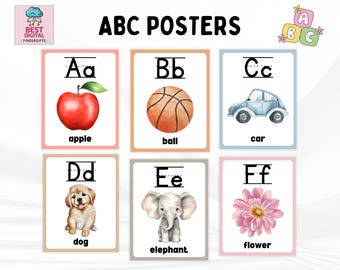 Alfabetposter klaslokaal, ABC-posters klaslokaal, alfabetposter afdrukken, homeschool afdrukbare alfabetposters, peuter kleuterschool ABC-poster