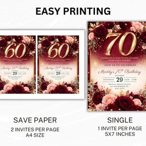 70th Birthday Invitation Template Editable, Burgundy Gold Floral 70 Invite, Elegant 70th Birthday Party Invitation, Printable 70th birthday image 5