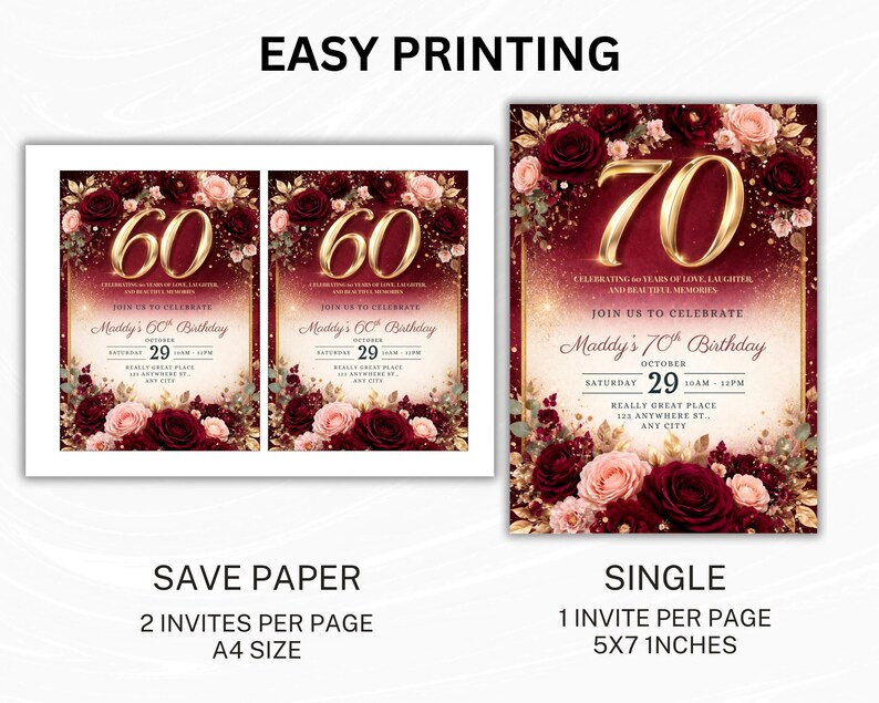 70th Birthday Invitation Template Editable, Burgundy Gold Floral 70 Invite, Elegant 70th Birthday Party Invitation, Printable 70th birthday image 5