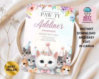 Editable Cat Birthday Invitation, Cat Theme Birthday Invitation, Are You Kitten Me Birthday, Paw-ty Birthday Invite