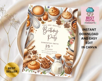 Puede incluir: Una invitación de cumpleaños imprimible con un tema de repostería. La invitación presenta una ilustración de acuarela de varios ingredientes para hornear, incluyendo palitos de canela, anís estrellado y una botella de leche. El texto de la invitación dice "Estás invitado a una fiesta de cumpleaños" e incluye el nombre Samantha Smith, la fecha 15 de diciembre de 2023 y la hora 5:00 PM.