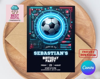 Editable Soccer Birthday Invitation Digital, Soccer Party Invite, Football Birthday Evite, Editable Canva Template, Let's Kick Up Some Fun