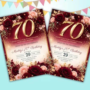 70th Birthday Invitation Template Editable, Burgundy Gold Floral 70 Invite, Elegant 70th Birthday Party Invitation, Printable 70th birthday image 7