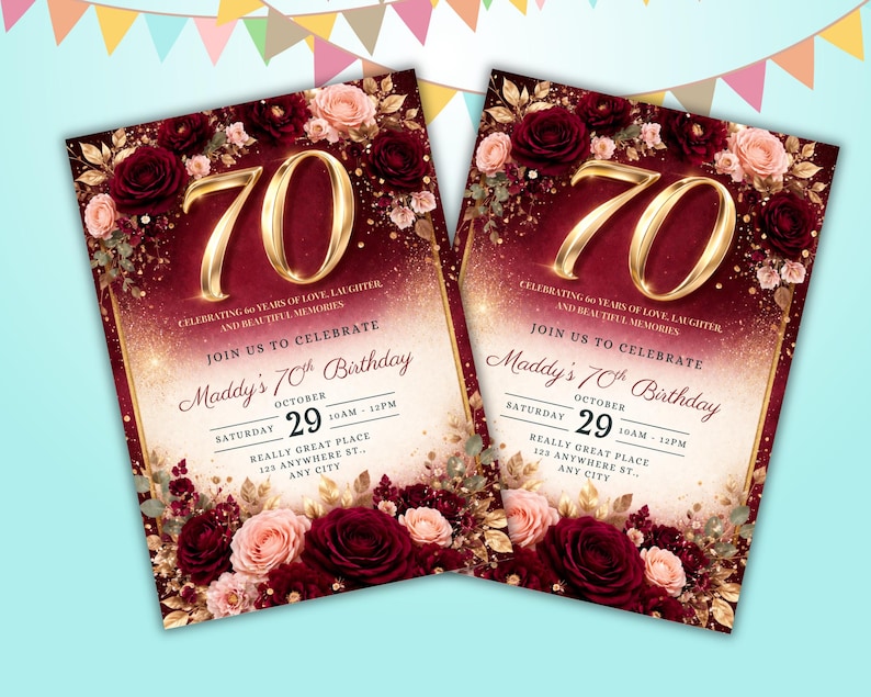 70th Birthday Invitation Template Editable, Burgundy Gold Floral 70 Invite, Elegant 70th Birthday Party Invitation, Printable 70th birthday image 7