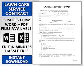 Lawn Care Service Contract, Landscaping Contract, Garden care agreement, Instant Download, Editable Template
