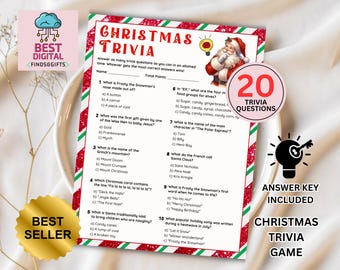 May include: A printable Christmas trivia game with 20 questions. The game features a red and green striped background with a Santa Claus illustration. The text "20 Trivia Questions" is in a pink circle.