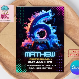 Op de afbeelding: Een digitale uitnodiging voor een 6e verjaardagsfeest met een gamer-thema. De uitnodiging toont een blauw en roze neonnummer 6 met een videogamecontroller en een rookwolk. De tekst op de uitnodiging luidt "Mathew heeft level 1 bereikt, 21 juli om 17:00 uur, 123 Anywhere St., Any City, RSVP: +123-456-7890".