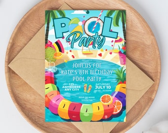 Editable Pool Party Invitation Tropical Splish Splash Girly Pool Party Invitation Summer Swimming Pool Splash Pad Party Instant Download FK