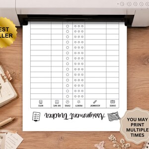 May include: A white paper assignment tracker sheet featuring a grid with columns for course, assignment, priority, status, due date, and notes. The document includes star icons for priority, check circles for status, and text labels in black ink.