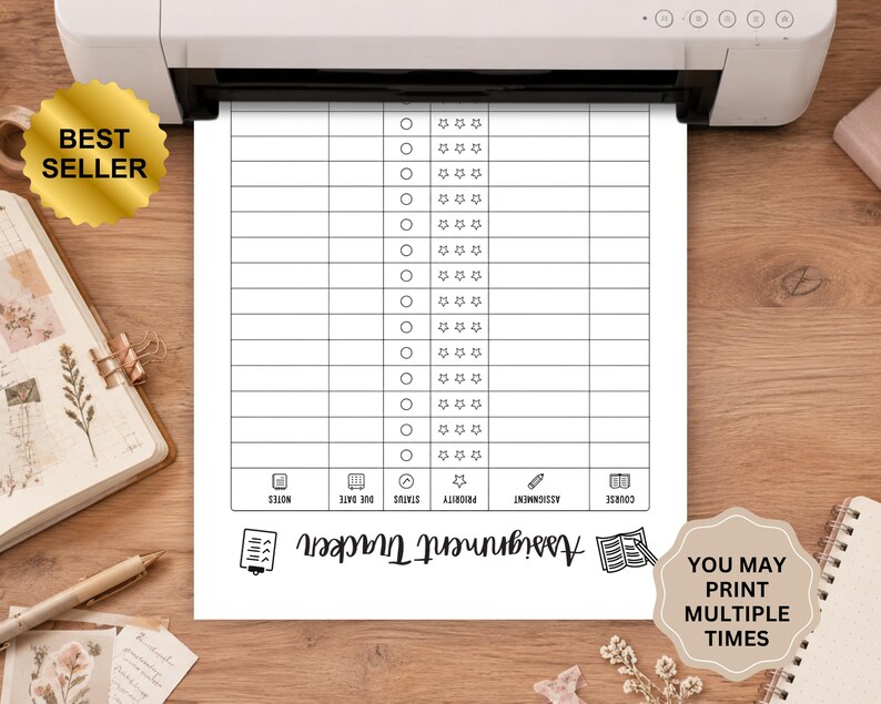 May include: A white paper assignment tracker sheet featuring a grid with columns for course, assignment, priority, status, due date, and notes. The document includes star icons for priority, check circles for status, and text labels in black ink.