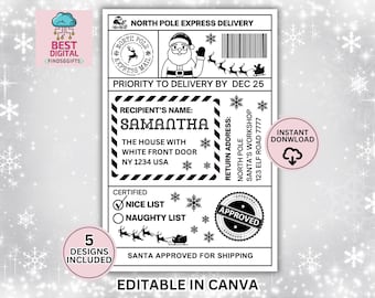 Christmas Shipping Label, Editable Shipping Label, PDF 5 Designs, Editable Template,  Santa Mail, Santa Delivery Label, 6x4, 8x10, 5"x7"