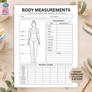 Könnte beinhalten: Ein weißes, ausdruckbares Blatt zur Körpervermessung mit einer Strichzeichnung einer Figur, die Brust, Taille, Hüfte, Oberschenkel und Waden markiert. Das Dokument enthält Abschnitte für Maße, Notizen und eine Tabelle zur Fortschrittskontrolle.