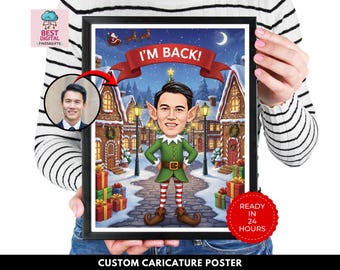 Custom Christmas Caricature Portrait from Photo, Elf Caricature Poster, Funny Personalized Drawing, Customer Poster, Christmas Gift
