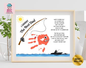 Dad Fish Handprint Art Printable | Dad Fishing Birthday Card | Fishing Pole Kid Handprint Craft | Dad Gift | Happy Fathers Day Fishing Card