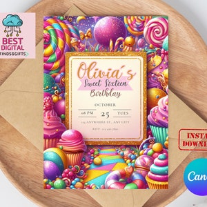 Invitation Candy Land, Invitations Candy Land, Invitations de bonbons à téléchargement immédiat, Candyland, Invitation d'anniversaire de bonbons, invitation modifiable, meilleur
