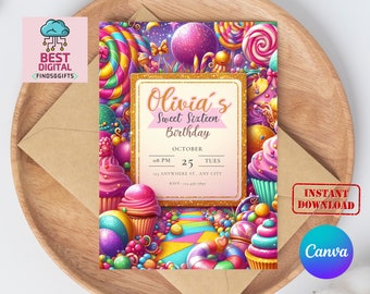 May include: A colorful invitation for a Sweet Sixteen birthday party with a candy theme. The invitation features a whimsical illustration of a candy land with lollipops, cupcakes, and other sweets. The text on the invitation reads "Olivia's Sweet Sixteen Birthday" with the date and time of the party.