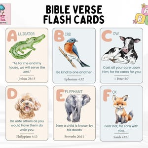 Può includere: Flash card di versetti biblici con illustrazioni ad acquerello di un alligatore, un uccello, una mucca, un cane, un elefante e una volpe. Ogni carta include una lettera, il nome dell'animale, un versetto biblico e un riferimento.