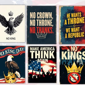 Puede incluir: Una colecci&oacute;n de seis carteles de estilo vintage con temas patri&oacute;ticos. Los carteles presentan &aacute;guilas, coronas y texto como "No King", "Make America Think Again" y "No Kings". La paleta de colores incluye rojo, blanco, azul y dorado.