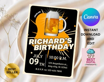 Editable Cheers and Beers Invitation, Beer Invitation, Birthday Invitation for Men, Adult Invite, Printable or Digital Invite,Adult Birthday