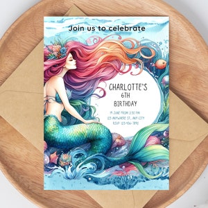 Invitación de cumpleaños de sirena editable Fiesta de cumpleaños de sirena bajo el mar Invitación de la sirenita Fiesta de cumpleaños de sirena caprichosa