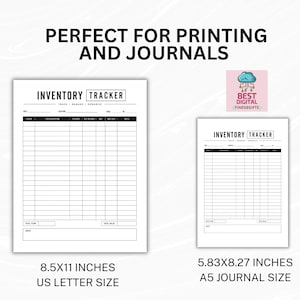 May include: Two white inventory tracker sheets with black text and grid lines. The left sheet is 8.5x11 inches US letter size, and the right sheet is 5.83x8.27 inches A5 journal size. Both feature the text INVENTORY TRACKER and BEST DIGITAL FINDS&GIFTS.