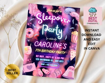 Invito di compleanno per pigiama party, invito stampabile per pigiama party, pigiama party, pigiama party, modello modificabile con luce al neon retrò, download immediato