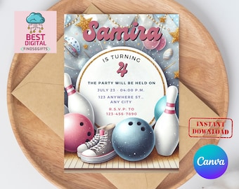 Bowling Party Invitation, Editable Bowling Birthday Invitation, Kids Bowling Invitation, Let's Strike Up Some Fun Pins, birthday invite