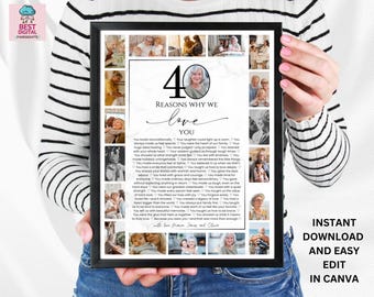 40 Reasons We Love You Poster With Pictures Template, Printable 40th Birthday Gift for Him or Her Editable, Personalized 40th Birthday Decor