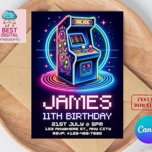 Puede incluir: Una invitación de cumpleaños azul y rosa neón con un gráfico de juego de arcade pixelado. La invitación dice "James 11th Birthday" e incluye la fecha, la hora y la información de RSVP.