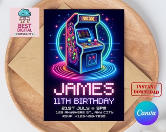 Editable Arcade Birthday Party Invitation Minimalist Neon Boy Game Party Glow Gaming Arcade Birthday Party Neon Glow Party Instant Download