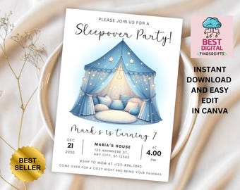 Sleepover Birthday Minimalist Invitation Set Slumber Party Invite Girl Pajama Party Glamping Tent Digital Printable Editable Download, BLUE