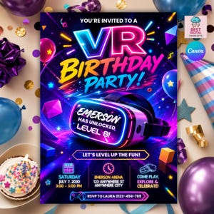 May include: A digital birthday party invitation flyer featuring a virtual reality headset with the text Emerson Has Unlocked Level 8. The design includes neon blue, pink, and purple light streaks, stars, and party details for July 7, 2030.
