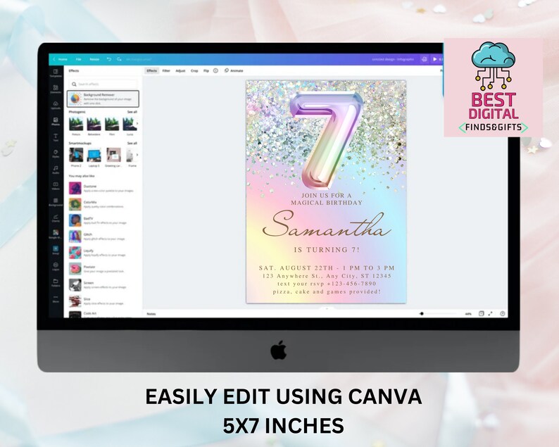 Editable Rainbow 7th Birthday Invitation, Glitter Birthday Invitation ...