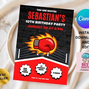 Invitación digital de cumpleaños de boxeo - Plantilla de invitación de texto y vídeo de fiesta de boxeo - Descarga instantánea para un niño, editable, imprimible