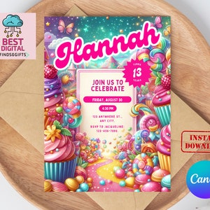 Invitación de Candy Land, invitaciones de Candy Land, invitaciones de caramelos de descarga instantánea, Candyland, invitación de cumpleaños de Candy, invitación editable, mejor