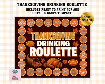 Thanksgiving Drinking Roulette Template,  Thanksgiving Party Drinking Game, Thanksgiving party game, Thanksgiving game printable, adult game