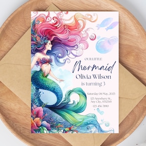 Invitación de cumpleaños de sirena editable Fiesta de cumpleaños de sirena bajo el mar Invitación de la sirenita Fiesta de cumpleaños de sirena caprichosa