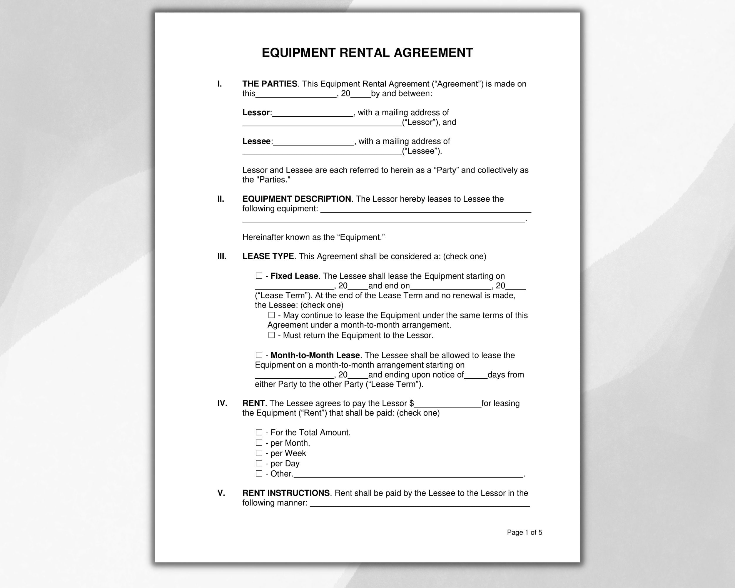 Equipment Rental Agreement Template, Equipment Rental Contract