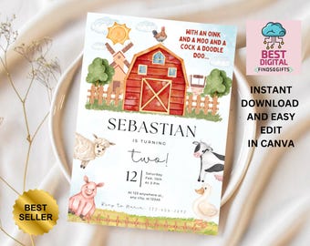 Editable Farm Birthday Invitation Template, Farm Animals Birthday Invitation, Farm thank you tag, Barnyard Invitation, Farm Invitation