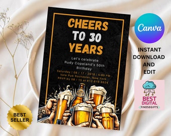Editable Cheers and Beers Invitation, Beer Invitation, Birthday Invitation for Men, Adult Invite, Printable or Digital Invite,Adult Birthday