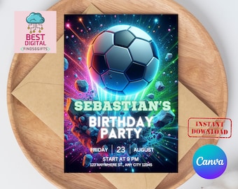 Editable Soccer Birthday Invitation Digital, Soccer Party Invite, Football Birthday Evite, Editable Canva Template, Let&#39;s Kick Up Some Fun