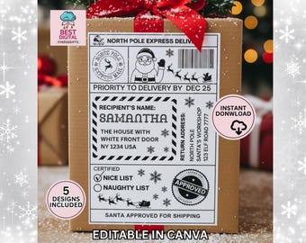 Christmas Shipping Label, Editable Shipping Label, PDF 5 Designs, Editable Template,  Santa Mail, Santa Delivery Label, 6x4, 8x10, 5"x7"