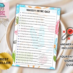 May include: A printable nursery rhyme quiz with questions about classic children's songs. The quiz includes an answer key and is decorated with colorful floral and insect illustrations. The words "Best Digital Finds & Gifts" and "Best Seller" are also visible.